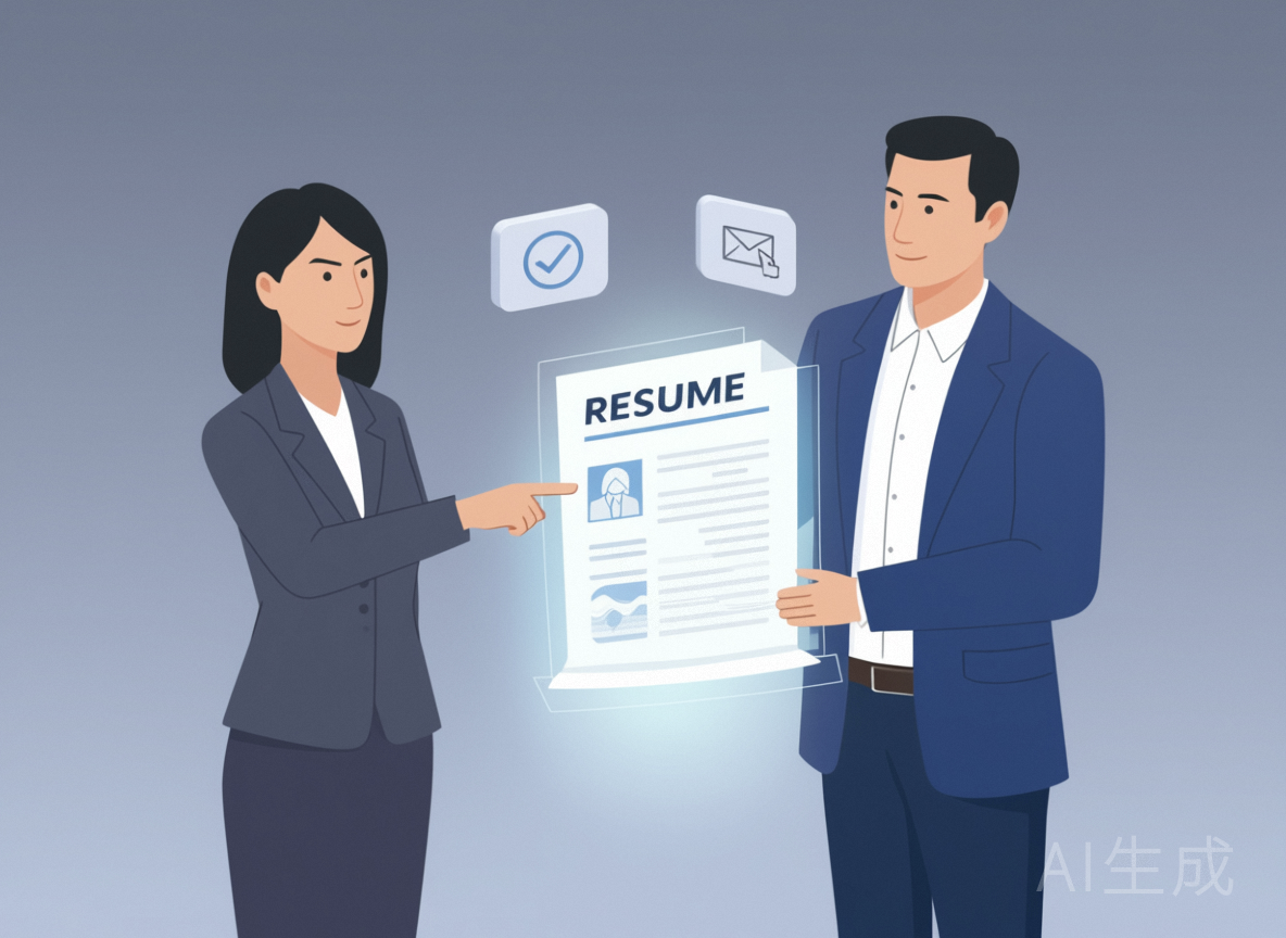 专业的商务女性和男性共同审视简历 - AI简历优化